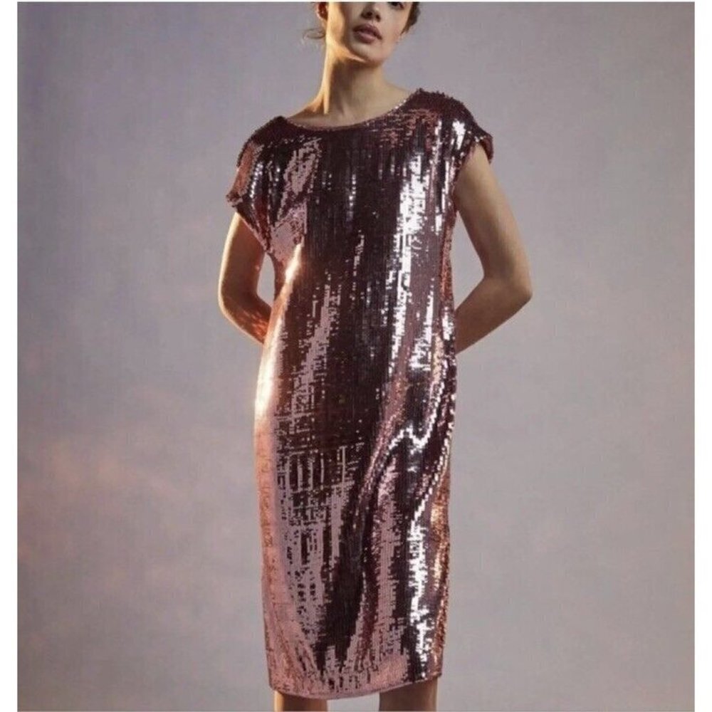 Anthropologie Maeve Kara Sequin Mini Dress Sz Medium‎ NEW $168 Rose Pink